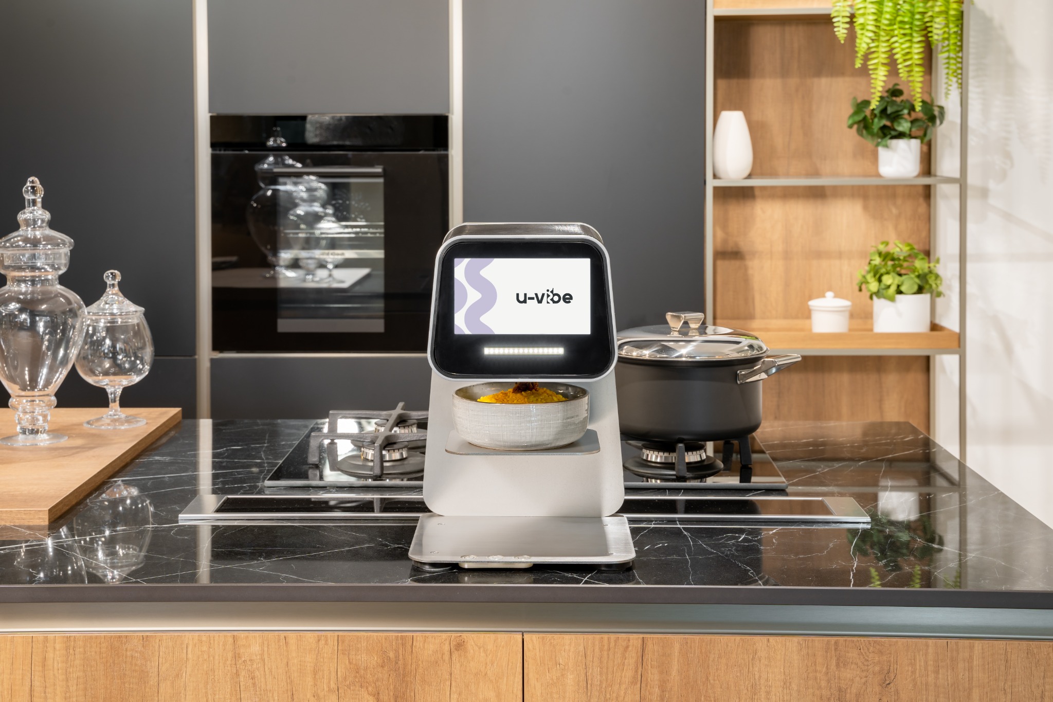 The u-vibe physical demonstrator with a prepared meal in a kitchen